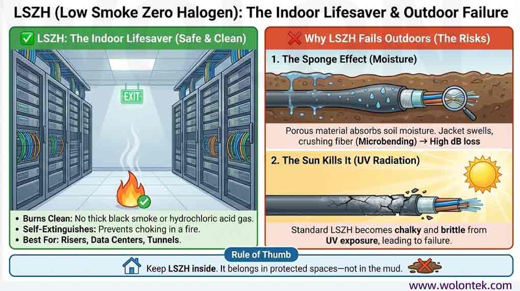 Wholesale Outdoor Fiber Optic Cable LSZH (Low Smoke Zero Halogen): The Indoor Lifesaver & Outdoor Failure